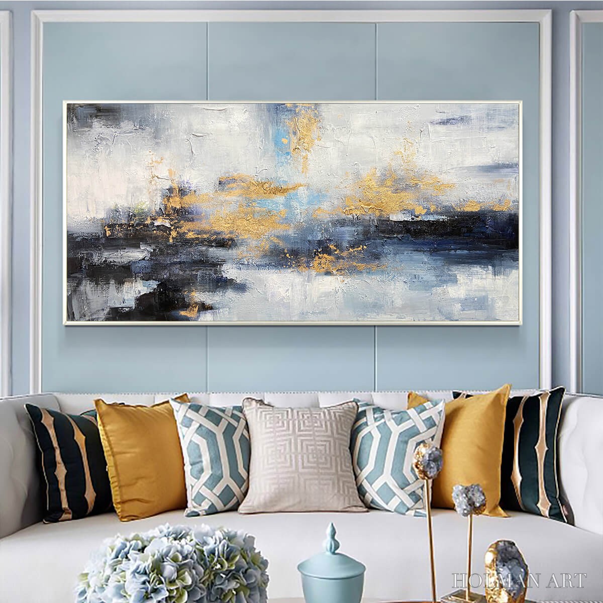 HOLMAN ART Azure Dream – Abstract Blue and Gold Oil Painting - image 2