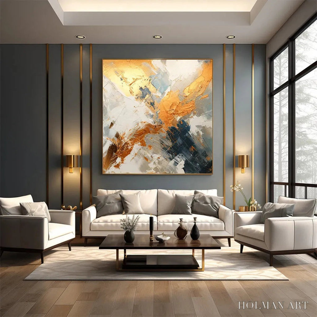 HOLMAN ART Gilded Confluence – Square Abstract Oil Painting with Gold, and Grey - image 2