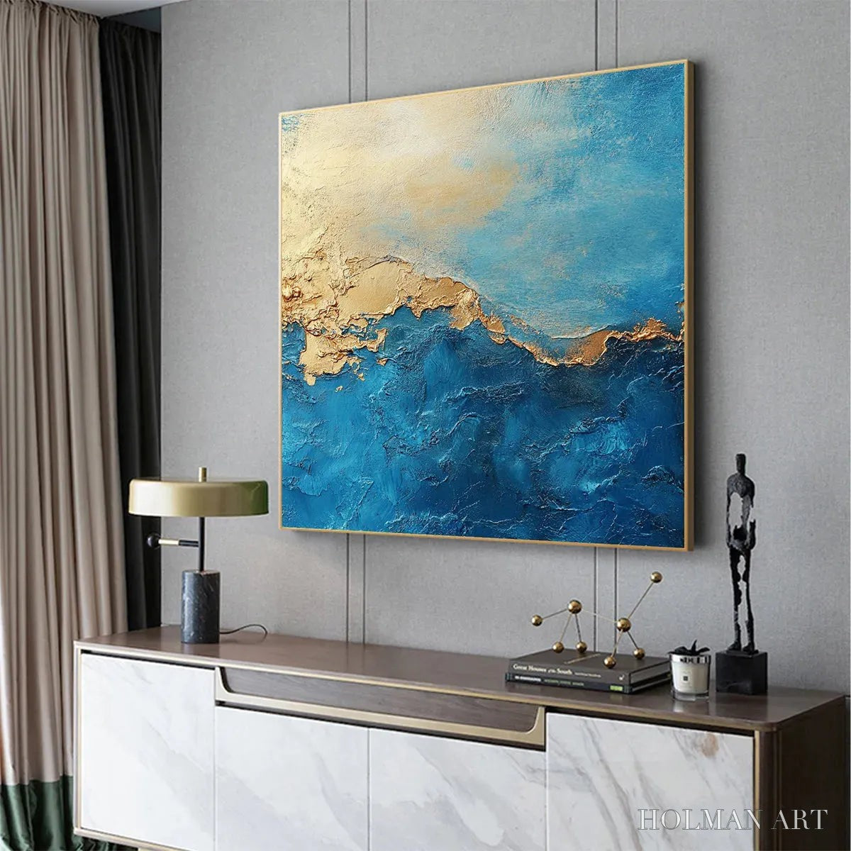HOLMAN ART Gilded Tidepool – Square Abstract Oil Painting with Gold Leaf and Blue - image 2