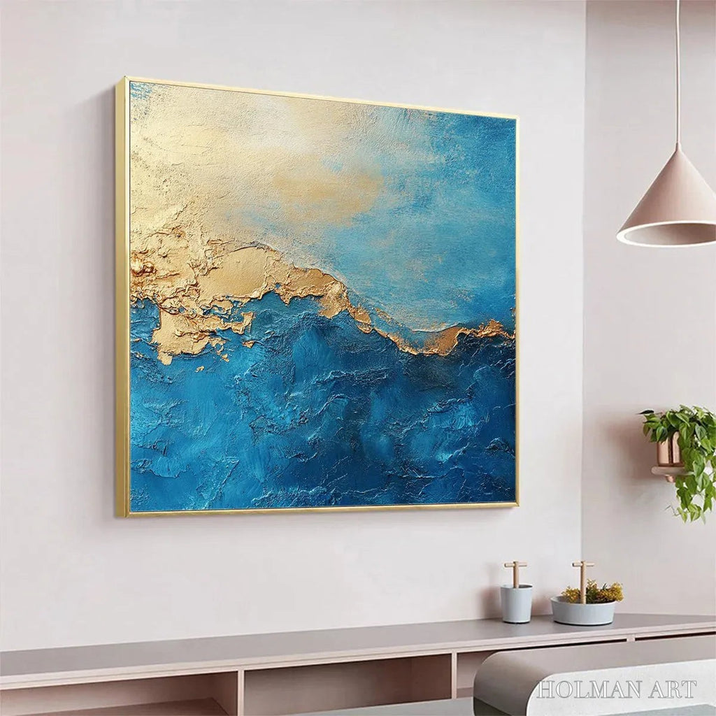 HOLMAN ART Gilded Tidepool – Square Abstract Oil Painting with Gold Leaf and Blue - image 4