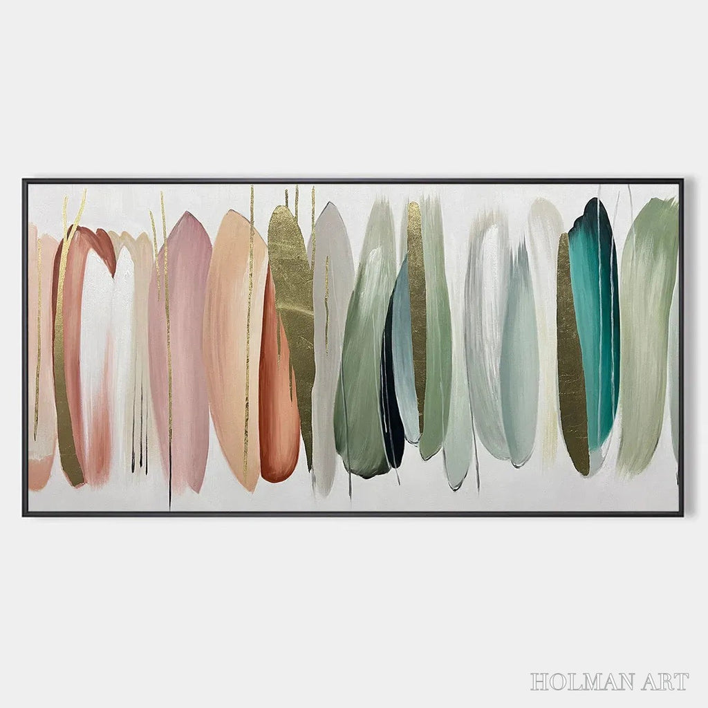 HOLMAN ART Autumn Whispers – Abstract Painting in Pink, Green, and Gold, Horizontal Canvas, Modern - image 1