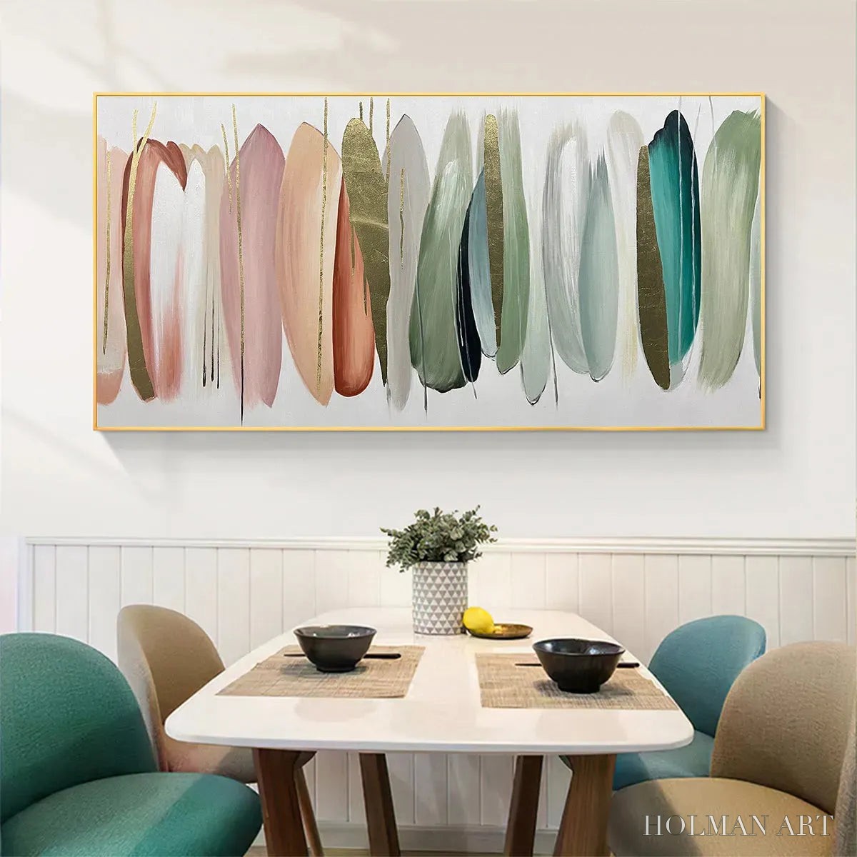 HOLMAN ART Autumn Whispers – Abstract Painting in Pink, Green, and Gold, Horizontal Canvas, Modern - image 2