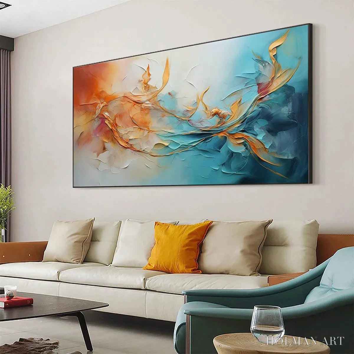 HOLMAN ART Golden Currents – Panoramic Abstract Teal and Gold Oil Painting - image 4