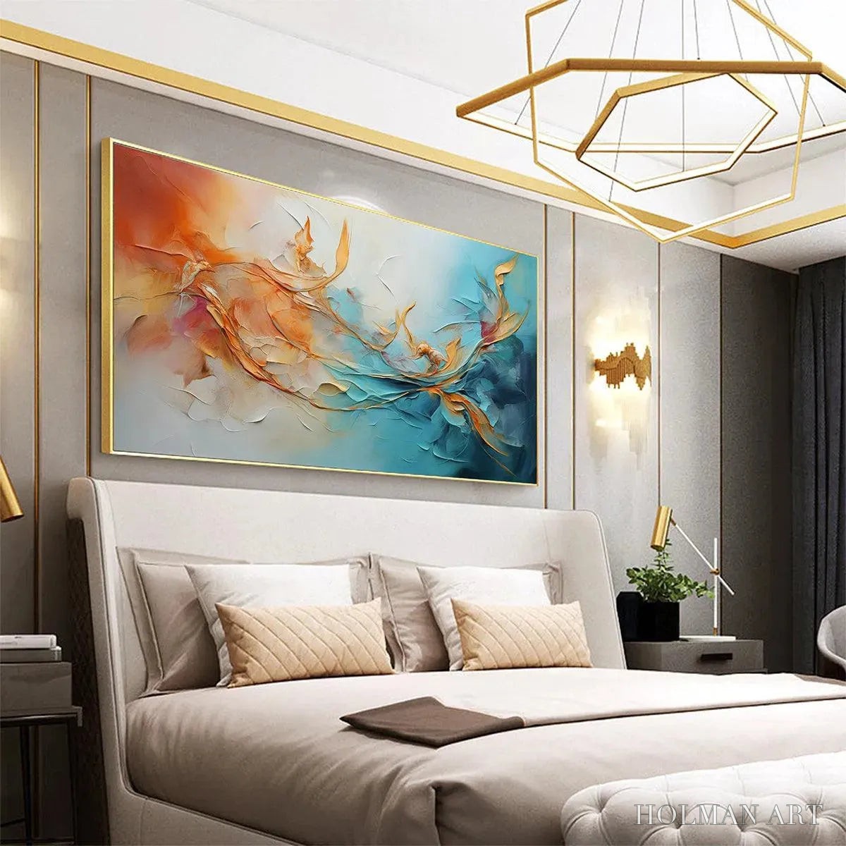 HOLMAN ART Golden Currents – Panoramic Abstract Teal and Gold Oil Painting - image 5