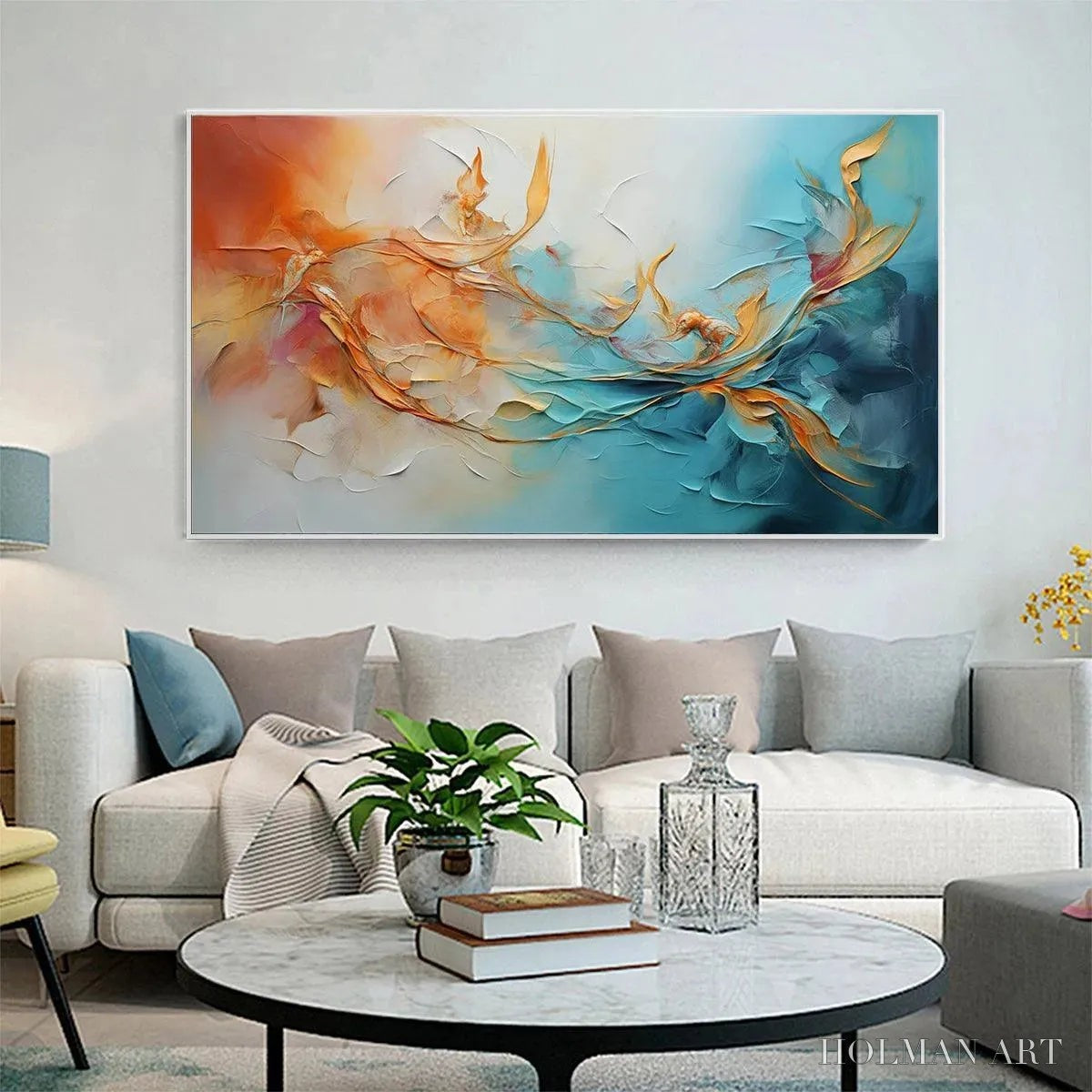 HOLMAN ART Golden Currents – Panoramic Abstract Teal and Gold Oil Painting - image 6