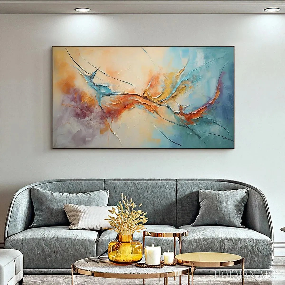 HOLMAN ART Coral Reef – Panoramic Abstract Blue and Orange Oil Painting - image 2