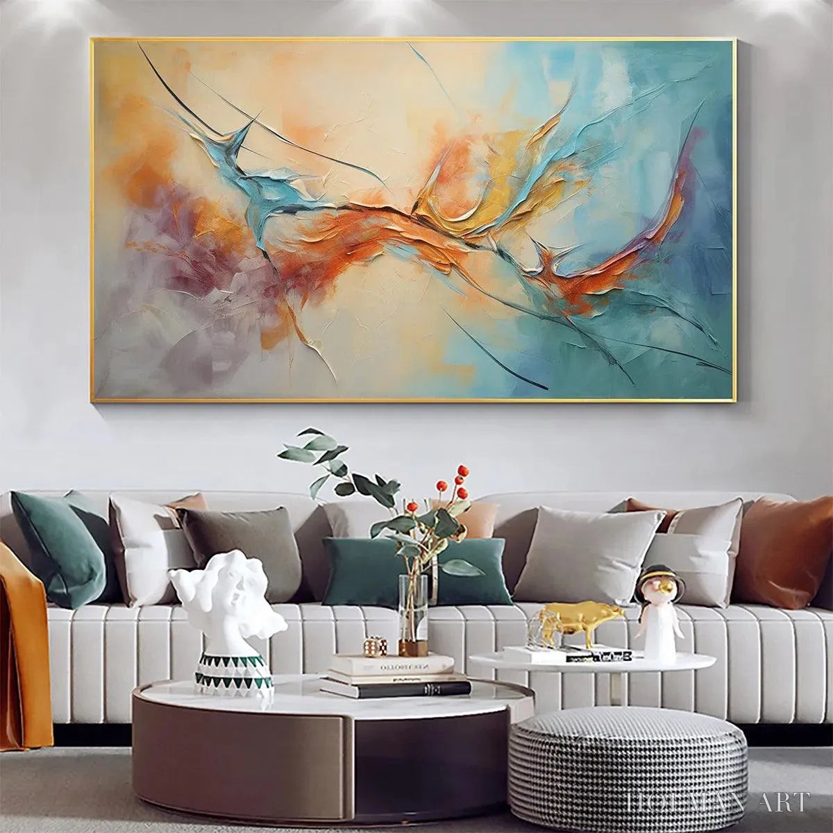 HOLMAN ART Coral Reef – Panoramic Abstract Blue and Orange Oil Painting - image 4