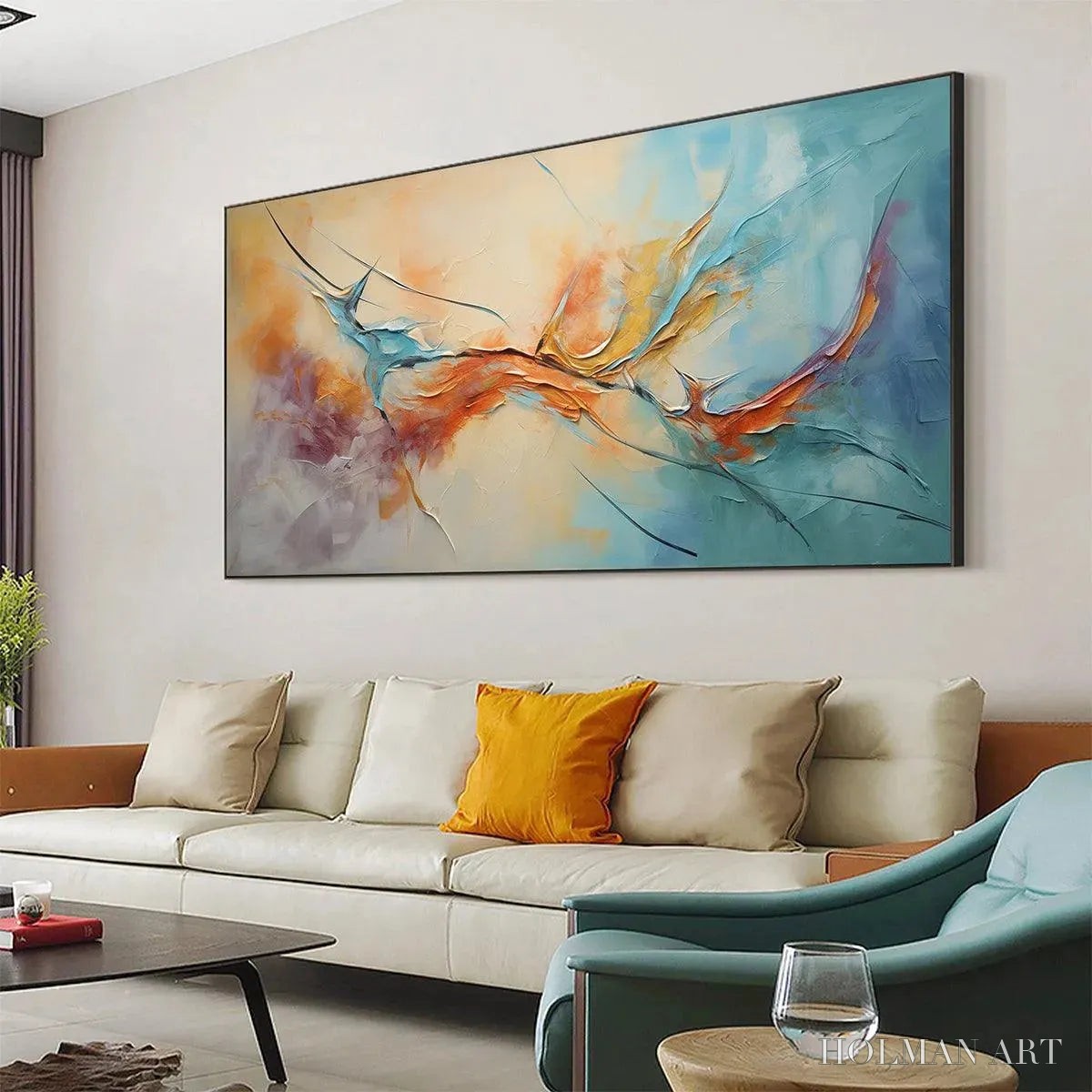 HOLMAN ART Coral Reef – Panoramic Abstract Blue and Orange Oil Painting - image 5