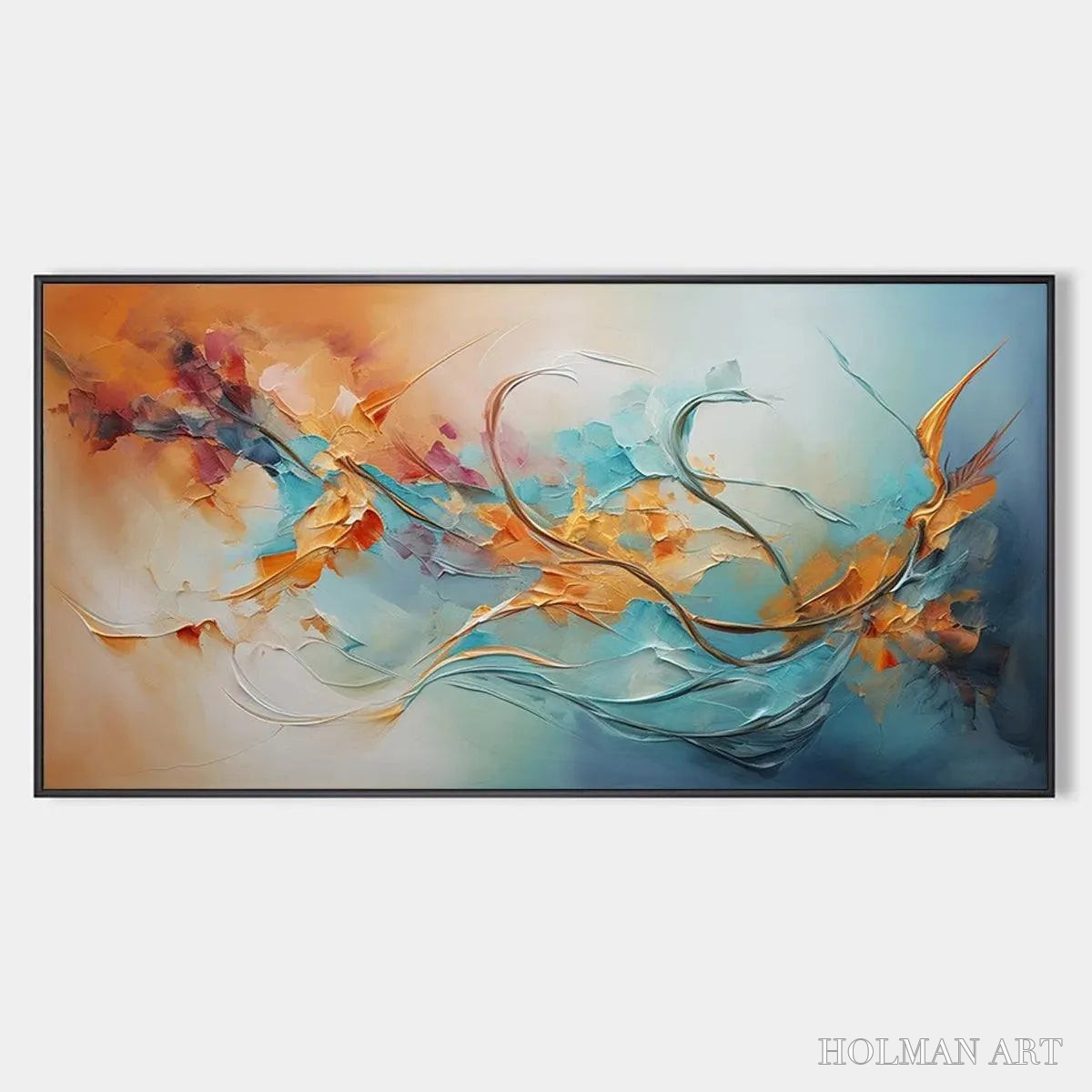 HOLMAN ART Serene Dawn – Panoramic Abstract Teal and Gold Oil Painting - image 1