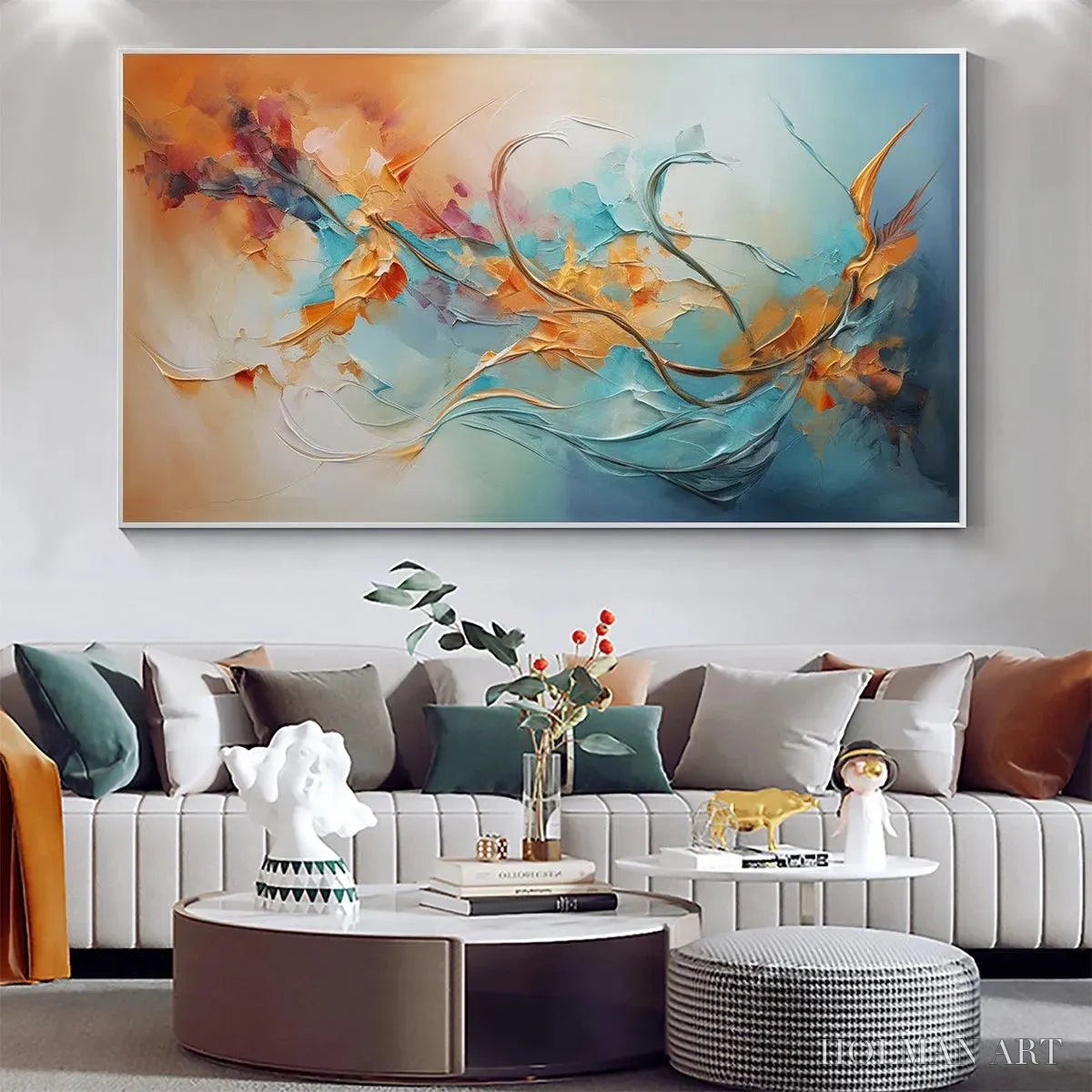 HOLMAN ART Serene Dawn – Panoramic Abstract Teal and Gold Oil Painting - image 2