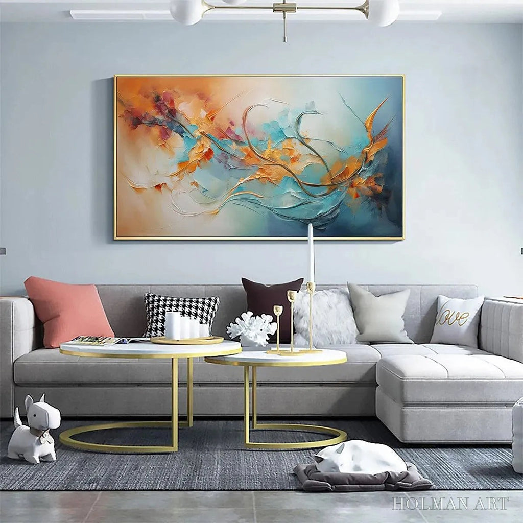 HOLMAN ART Serene Dawn – Panoramic Abstract Teal and Gold Oil Painting - image 4