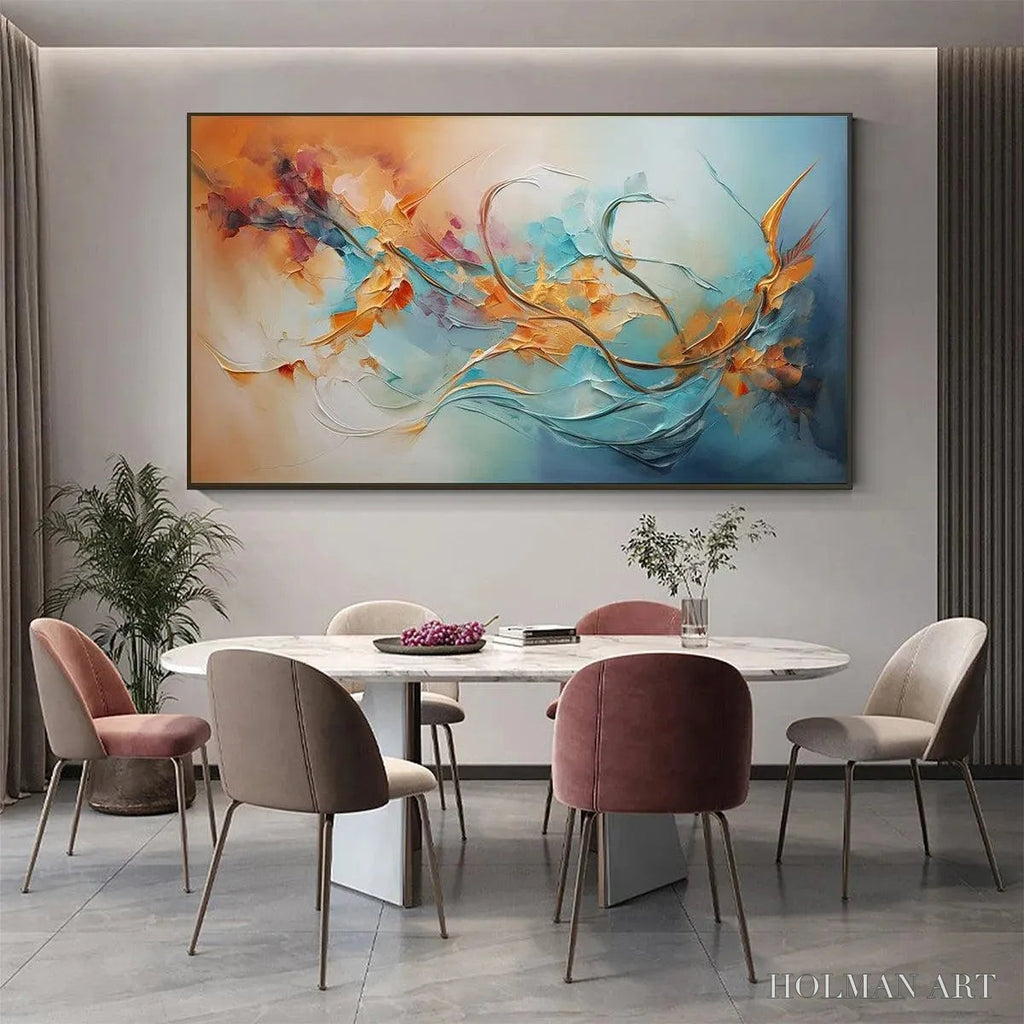 HOLMAN ART Serene Dawn – Panoramic Abstract Teal and Gold Oil Painting - image 5