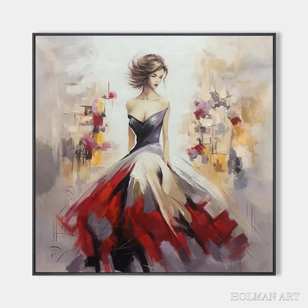 HOLMAN ART Elegant Lady in Red Dress Oil Painting - Abstract Art - image 1