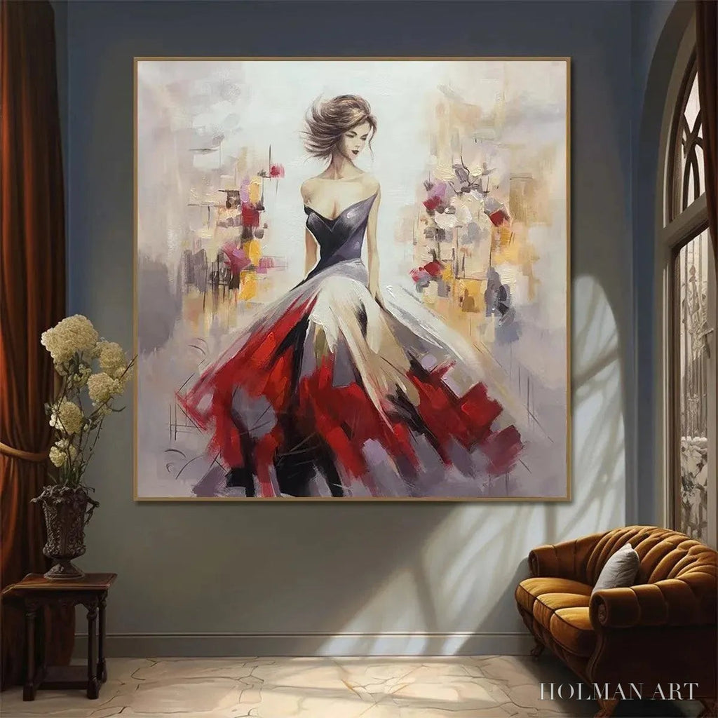 HOLMAN ART Elegant Lady in Red Dress Oil Painting - Abstract Art - image 2