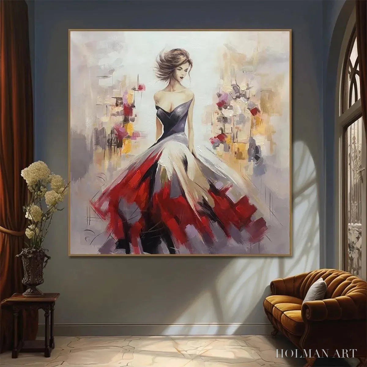 HOLMAN ART Elegant Lady in Red Dress Oil Painting - Abstract Art - image 2