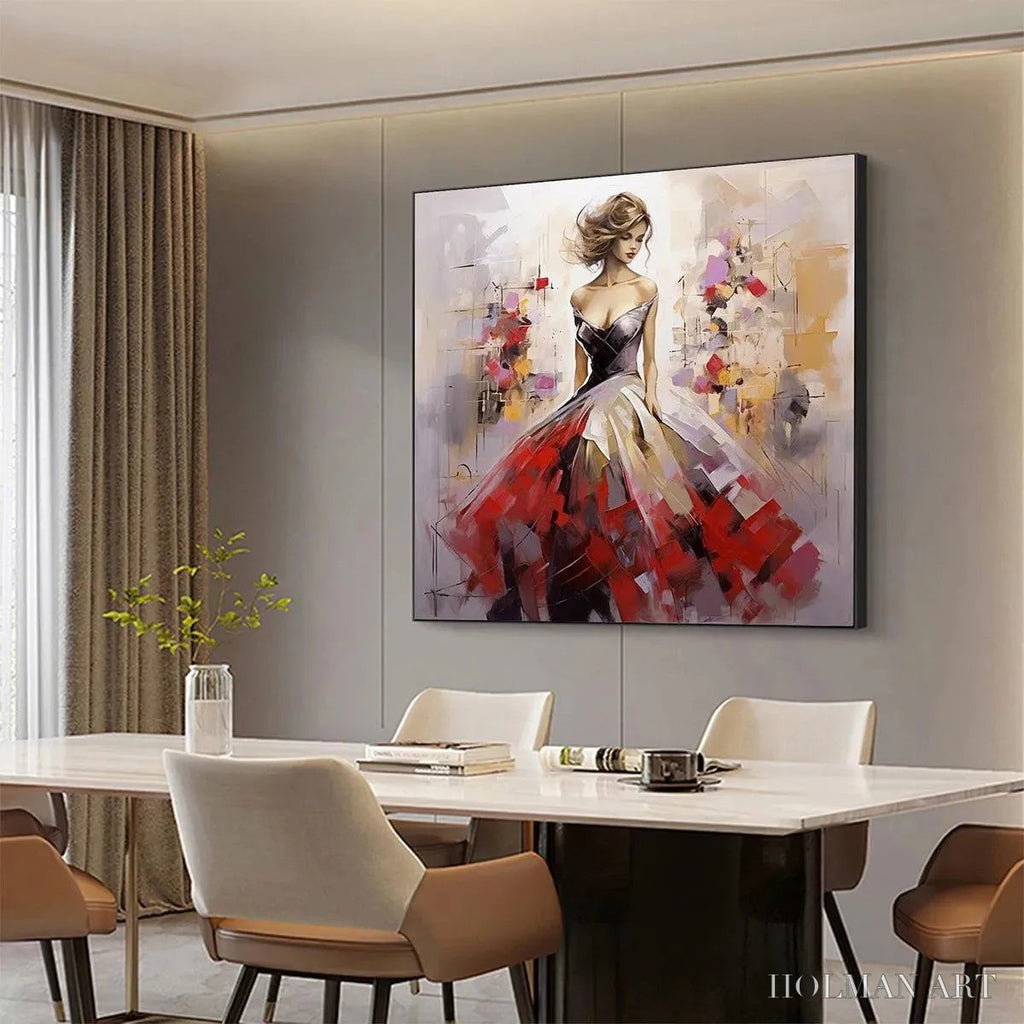 HOLMAN ART Elegant Lady in Red Dress Oil Painting - Abstract Art - image 4