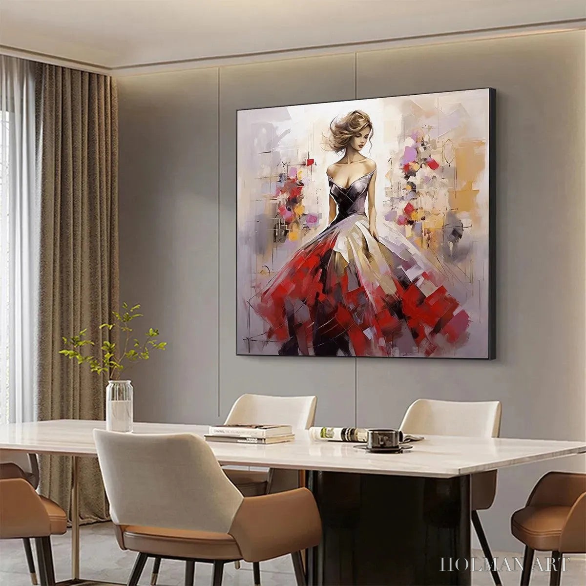 HOLMAN ART Elegant Lady in Red Dress Oil Painting - Abstract Art - image 4