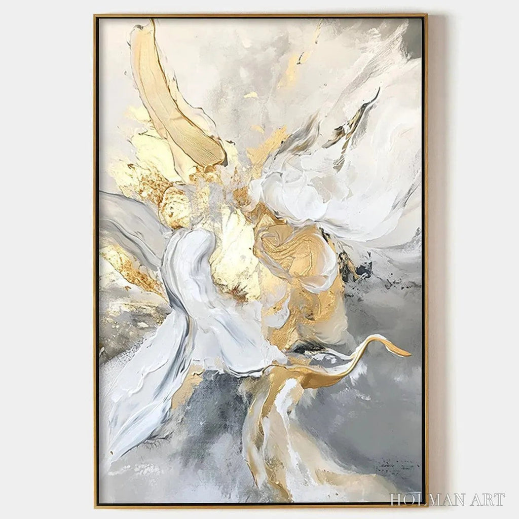 HOLMAN ART Ethereal Gold – Abstract White, Grey and Gold Oil Painting - image 1