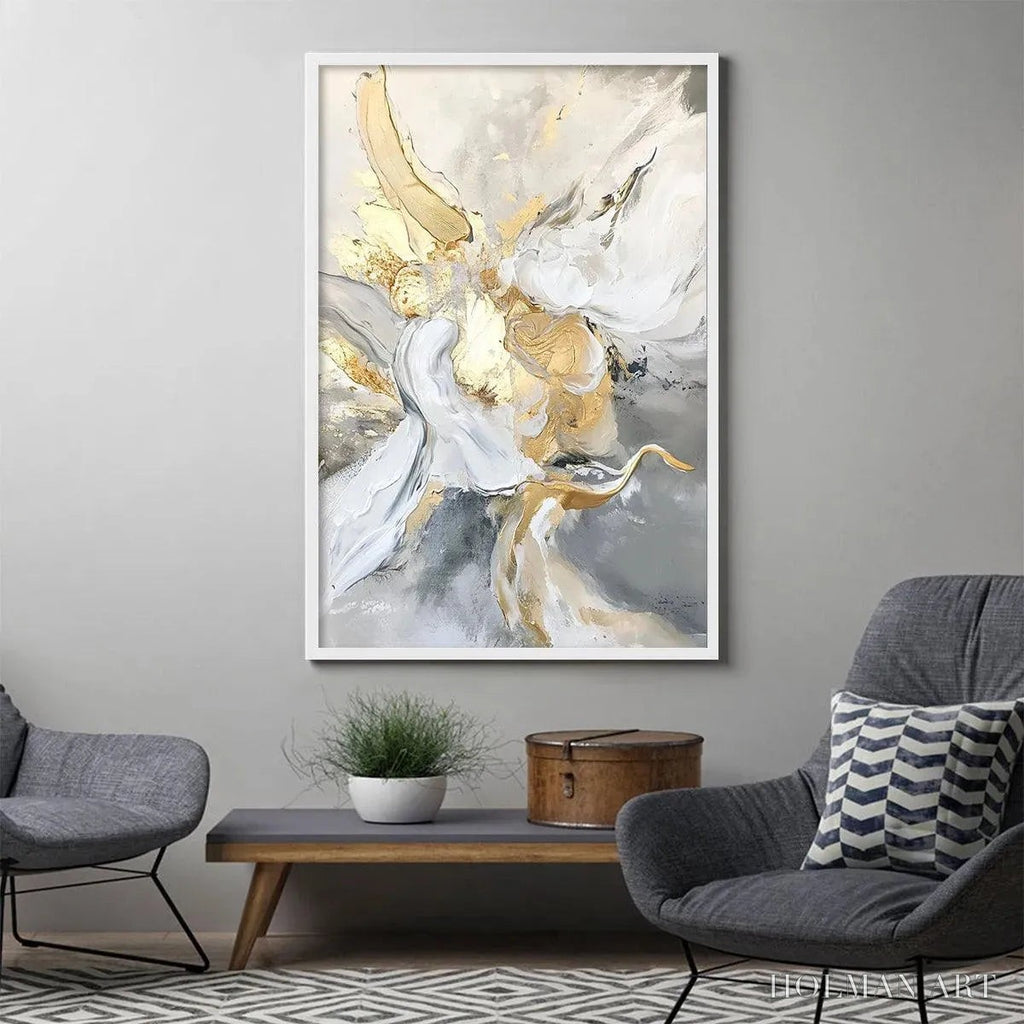 HOLMAN ART Ethereal Gold – Abstract White, Grey and Gold Oil Painting - image 2