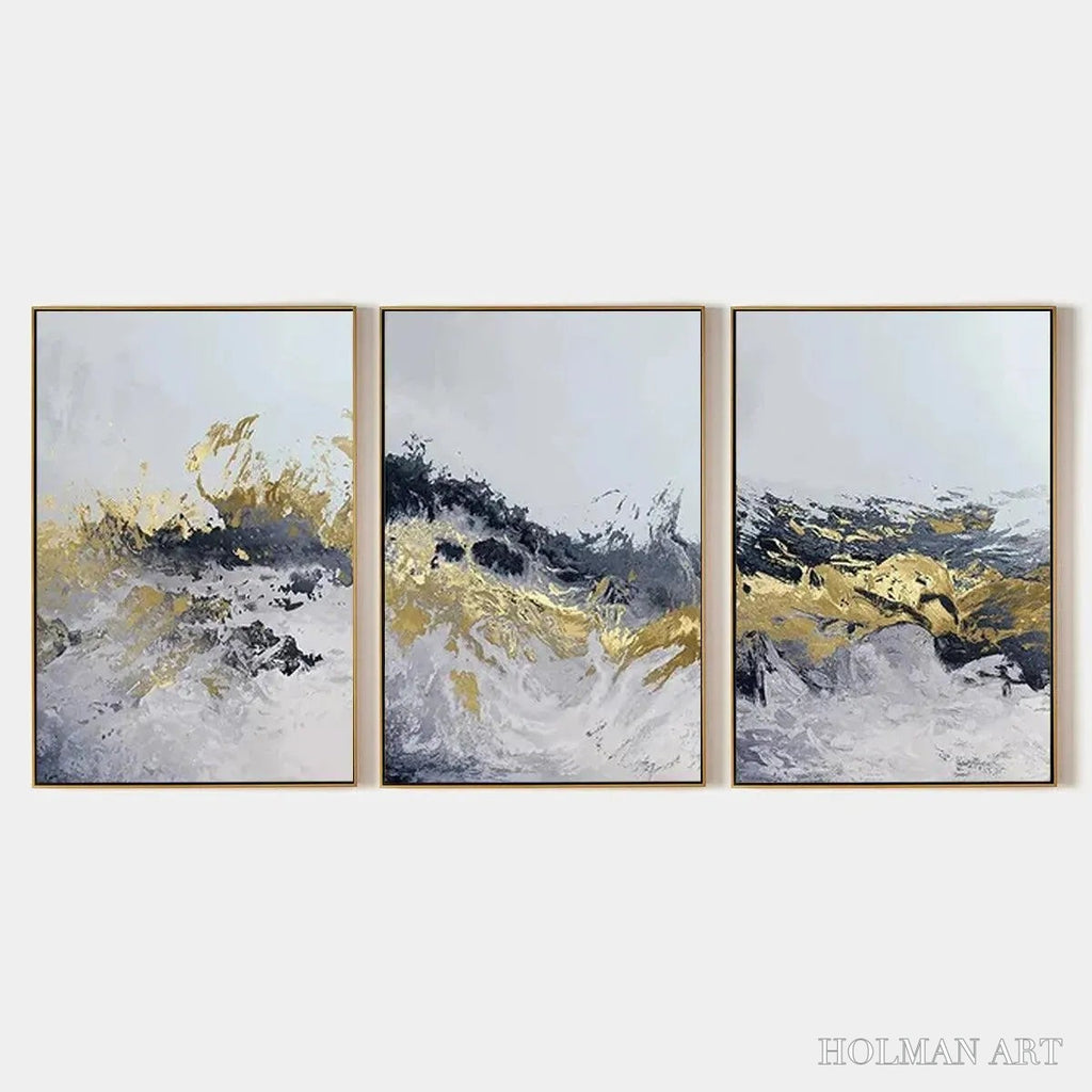 HOLMAN ART Gold & Grey Abstract Triptych – Abstract Painting Set of 3, Vertical - image 1