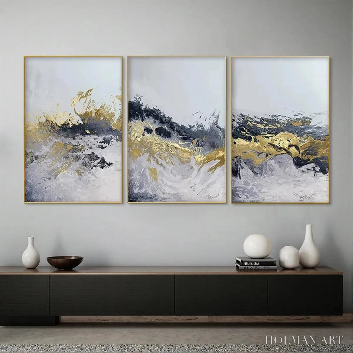 HOLMAN ART Gold & Grey Abstract Triptych – Abstract Painting Set of 3, Vertical - image 2