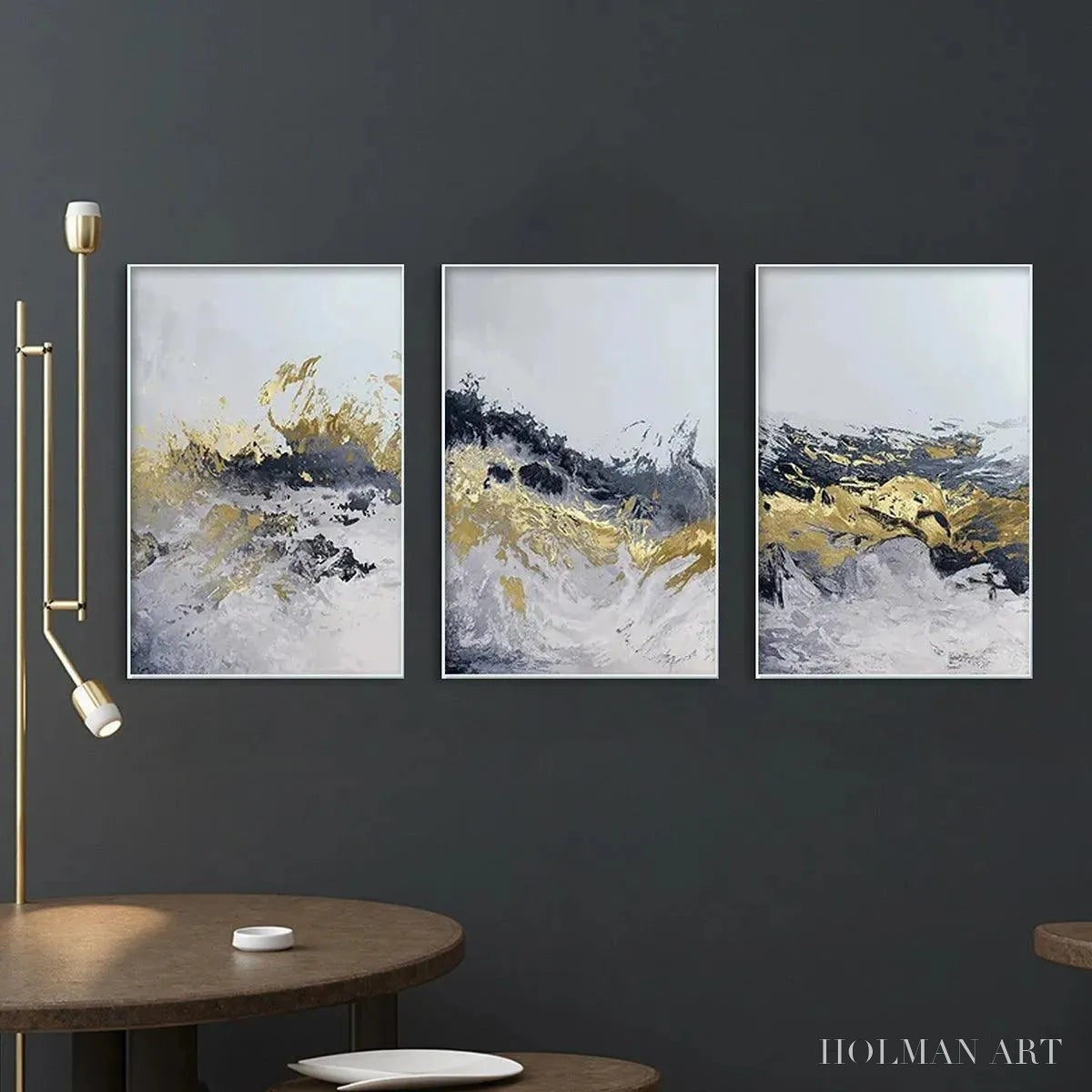 HOLMAN ART Gold & Grey Abstract Triptych – Abstract Painting Set of 3, Vertical - image 4
