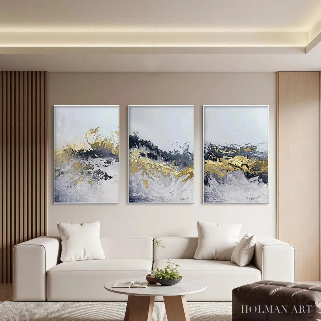 HOLMAN ART Gold & Grey Abstract Triptych – Abstract Painting Set of 3, Vertical - image 5