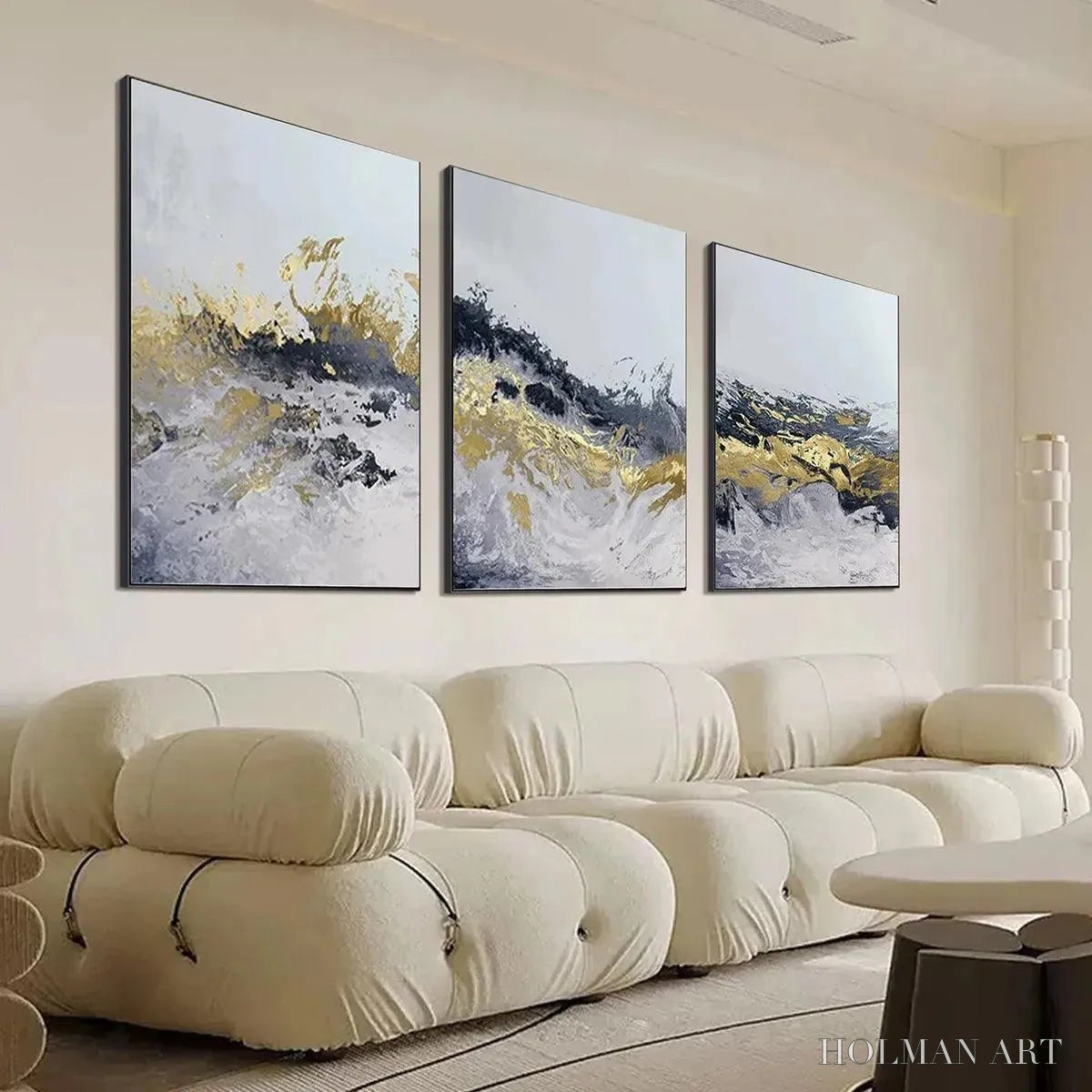 HOLMAN ART Gold & Grey Abstract Triptych – Abstract Painting Set of 3, Vertical - image 6