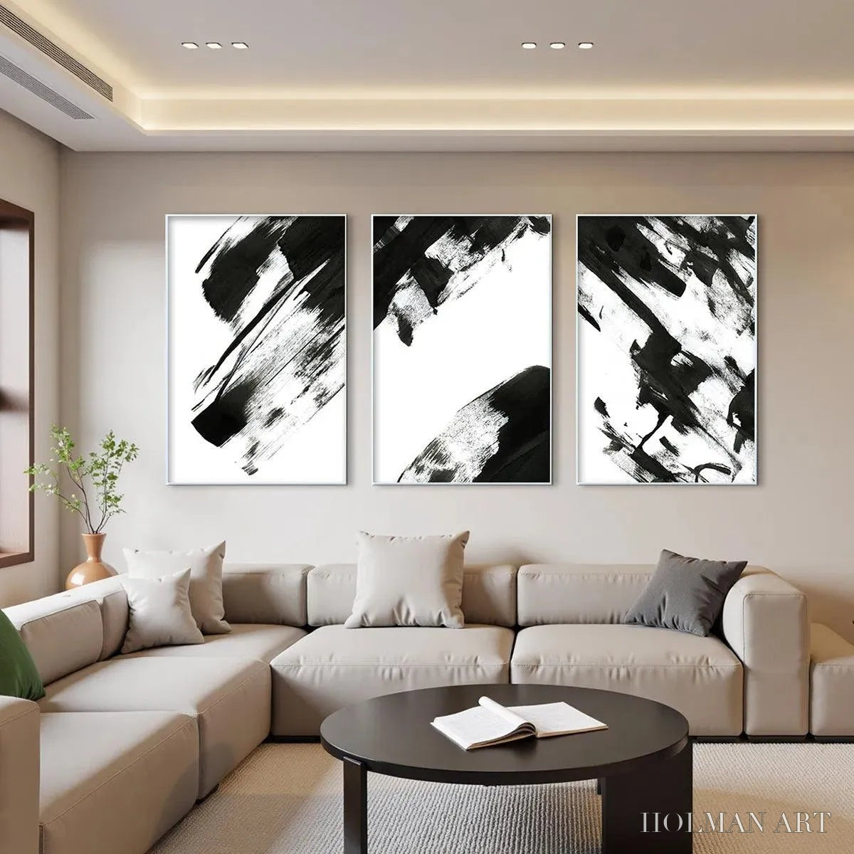 HOLMAN ART Black & White Abstract Triptych – Abstract Painting Set of 3, Vertical - image 2