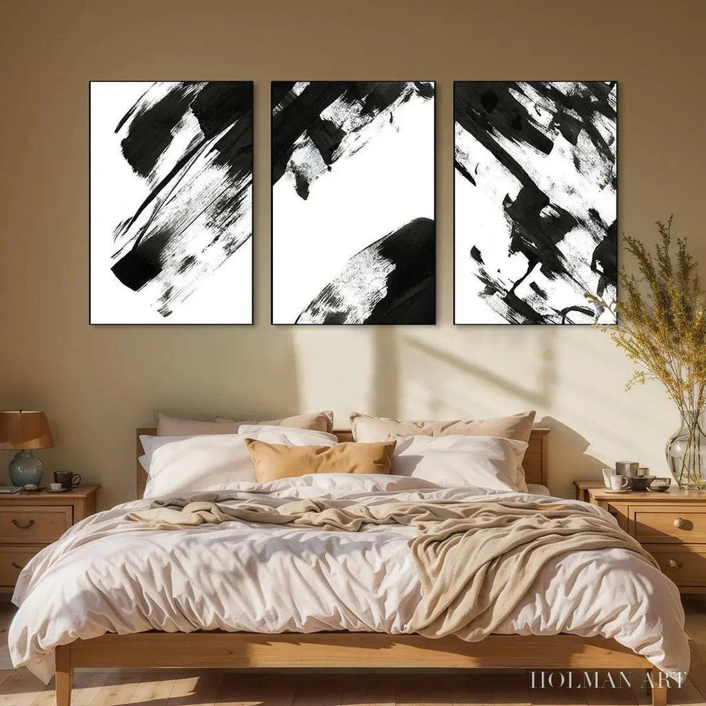 HOLMAN ART Black & White Abstract Triptych – Abstract Painting Set of 3, Vertical - image 4