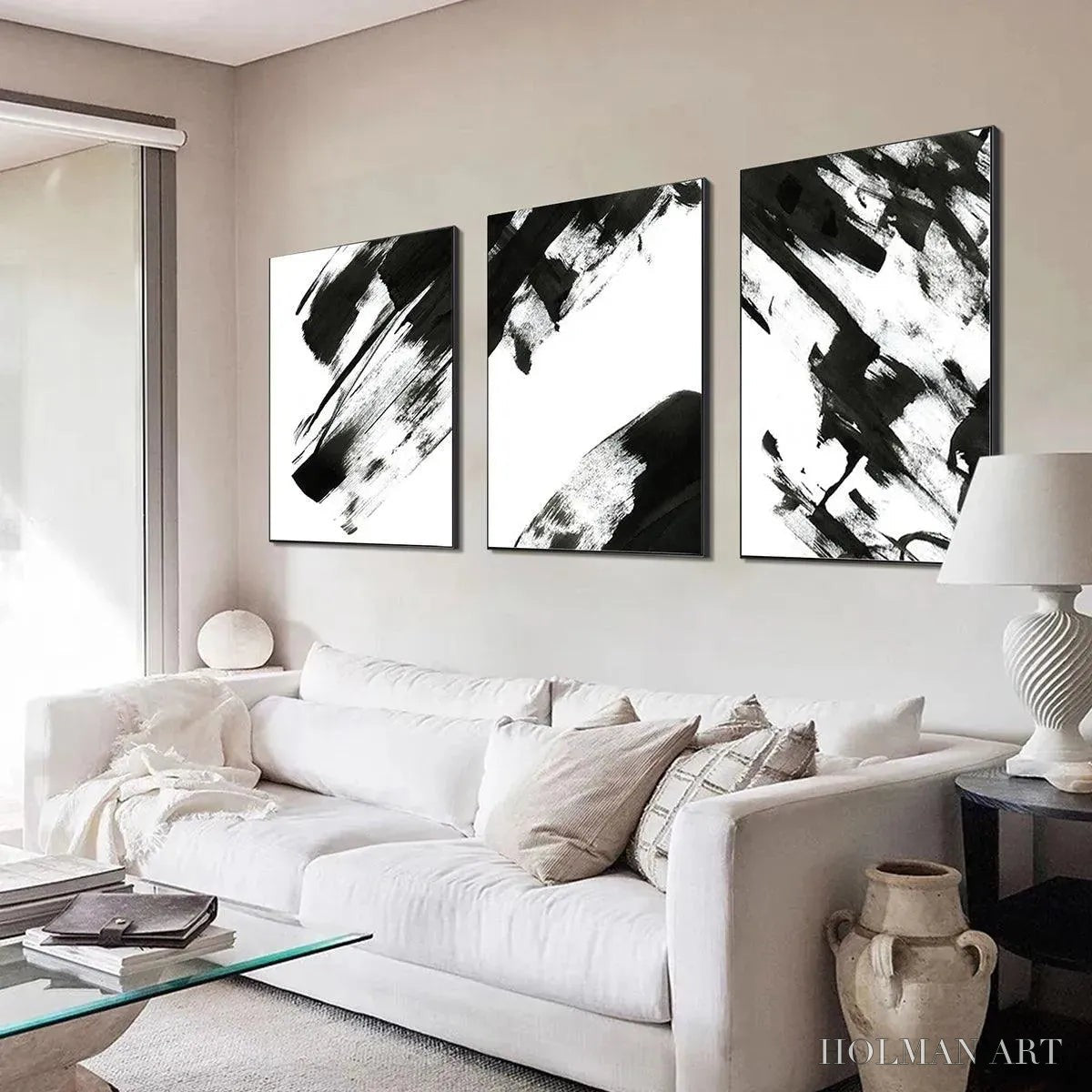 HOLMAN ART Black & White Abstract Triptych – Abstract Painting Set of 3, Vertical - image 6
