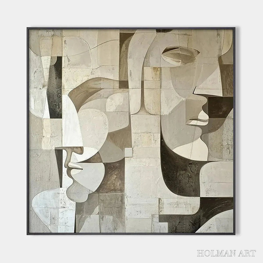 HOLMAN ART Abstract Faces – Cubist Painting, Neutral Tones , Square Canvas Art, Modern Decor - image 1