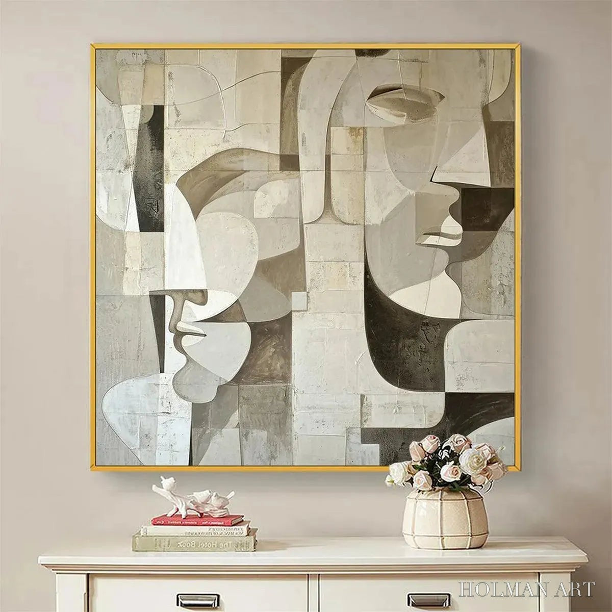 HOLMAN ART Abstract Faces – Cubist Painting, Neutral Tones , Square Canvas Art, Modern Decor - image 2