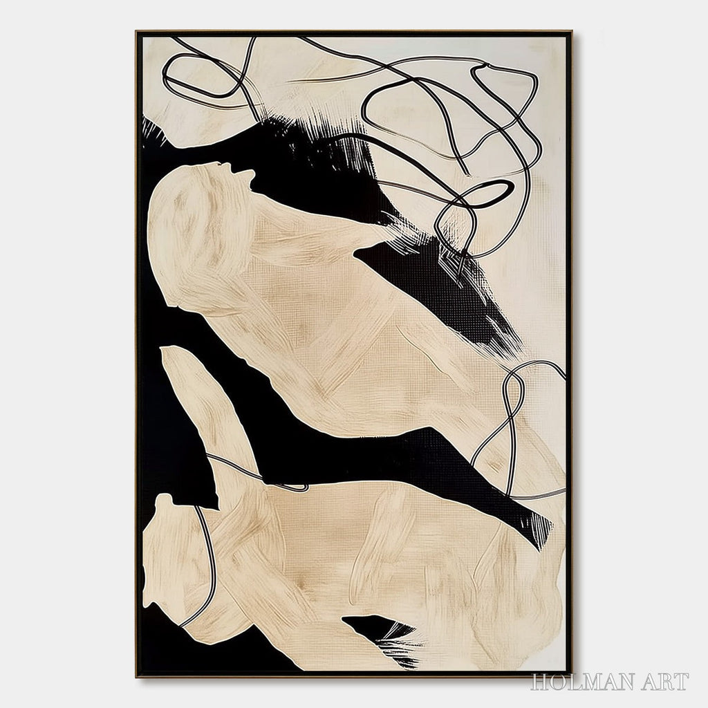HOLMAN ART Intertwined – Large Vertical Minimalist Black and Beige Abstract Painting - image 1