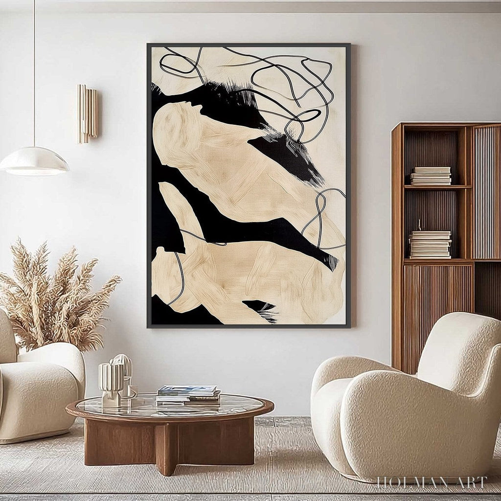 HOLMAN ART Intertwined – Large Vertical Minimalist Black and Beige Abstract Painting - image 2