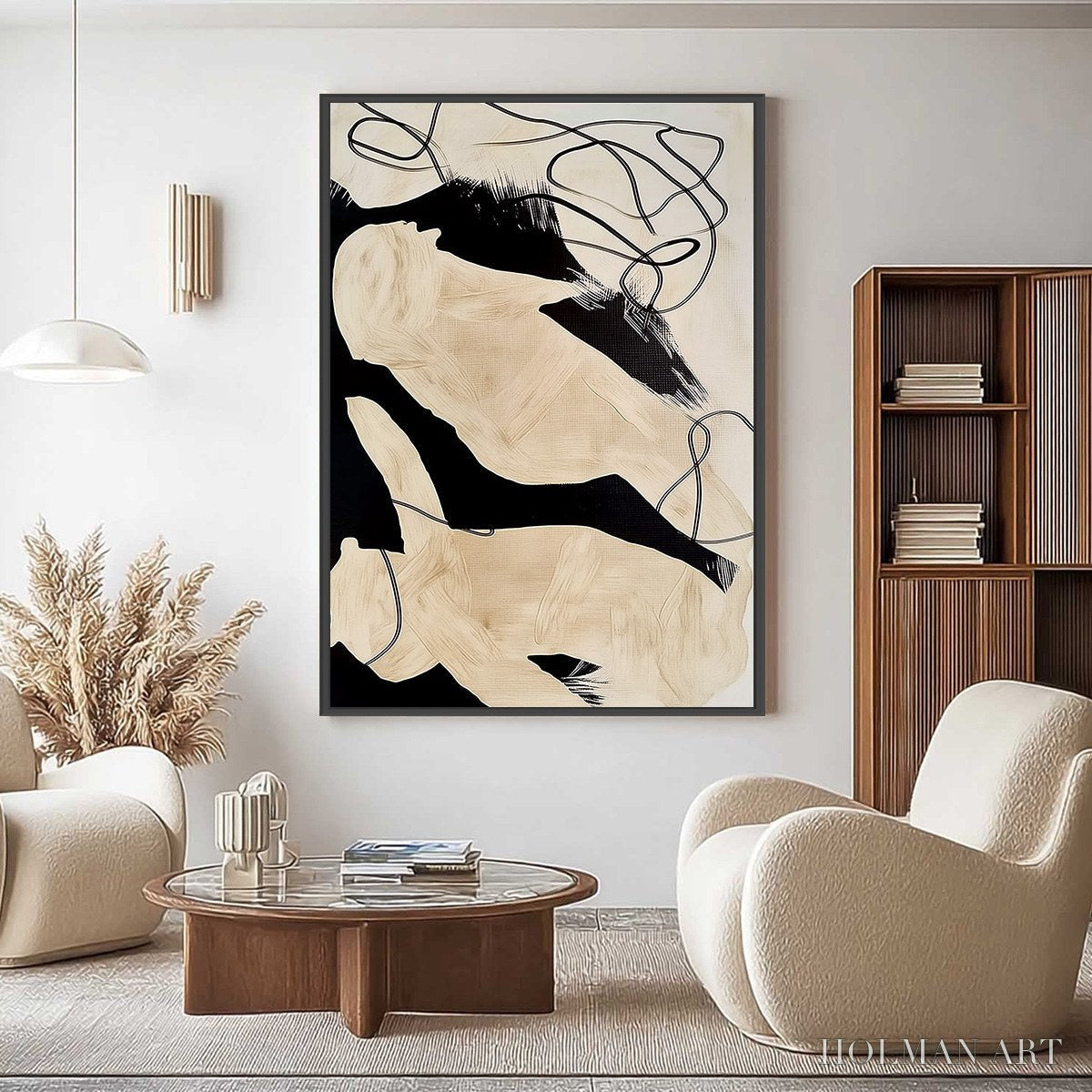 HOLMAN ART Intertwined – Large Vertical Minimalist Black and Beige Abstract Painting - image 2