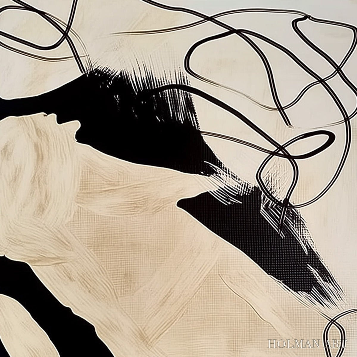 HOLMAN ART Intertwined – Large Vertical Minimalist Black and Beige Abstract Painting - image 3