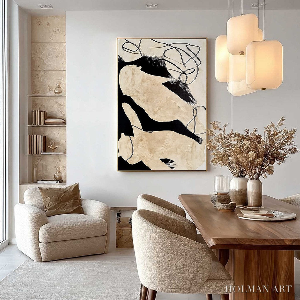 HOLMAN ART Intertwined – Large Vertical Minimalist Black and Beige Abstract Painting - image 4