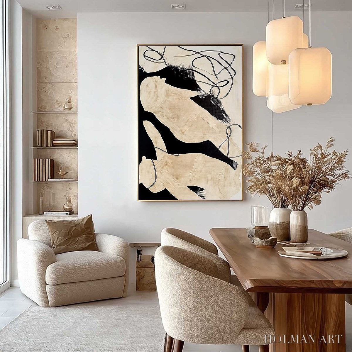 HOLMAN ART Intertwined – Large Vertical Minimalist Black and Beige Abstract Painting - image 4