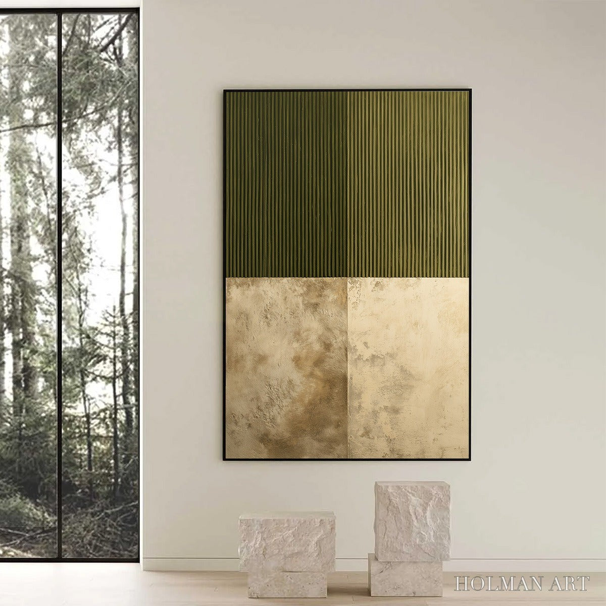 HOLMAN ART Earthen Rhythm – Textured Minimalist Abstract Painting in Green and Beige - image 6