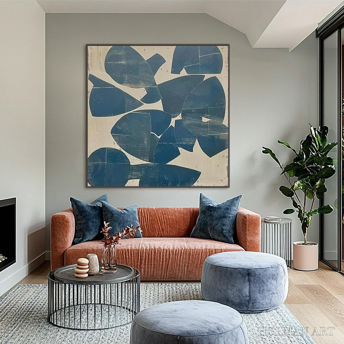 HOLMAN ART Assemblage – Minimalist Blue and Beige Abstract Painting - image 2