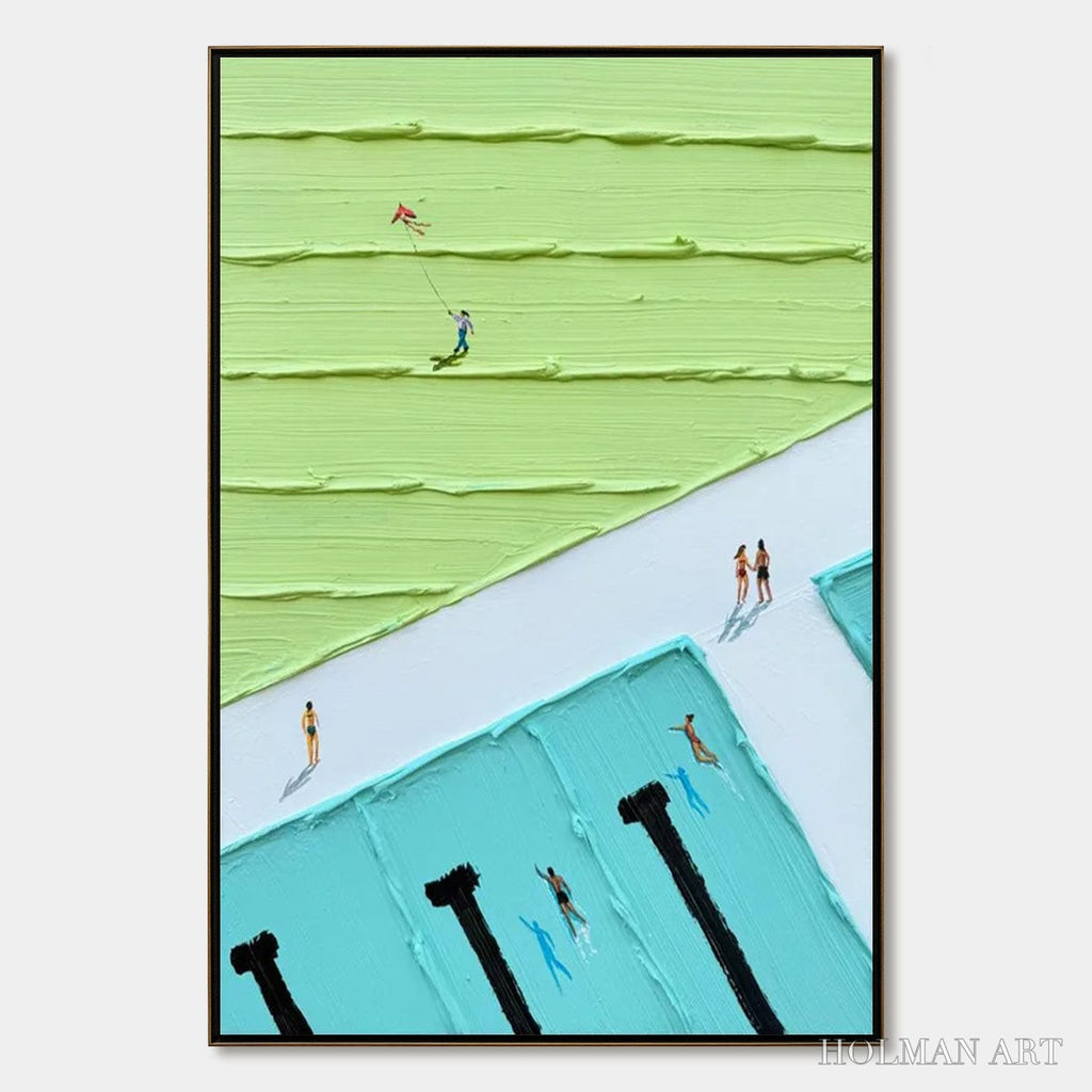HOLMAN ART Aqua Promenade – Minimalist Poolside Cityscape Oil Painting - image 1