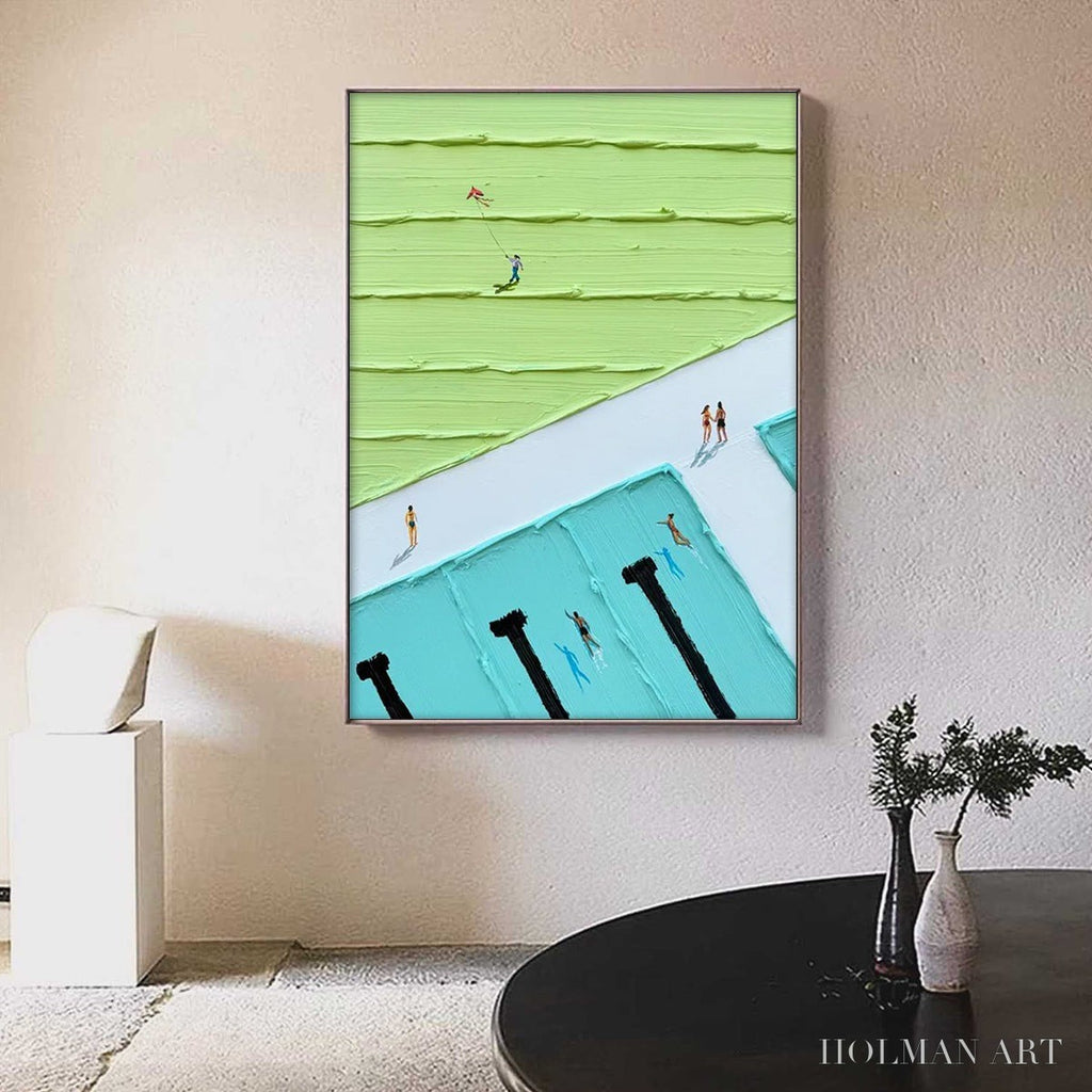 HOLMAN ART Aqua Promenade – Minimalist Poolside Cityscape Oil Painting - image 2