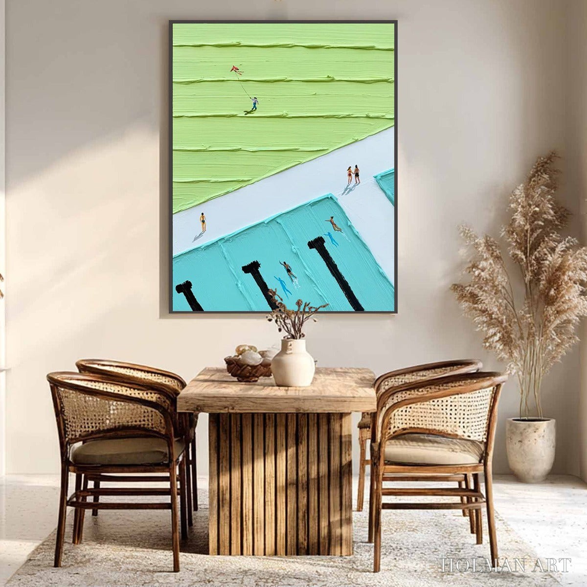 HOLMAN ART Aqua Promenade – Minimalist Poolside Cityscape Oil Painting - image 3