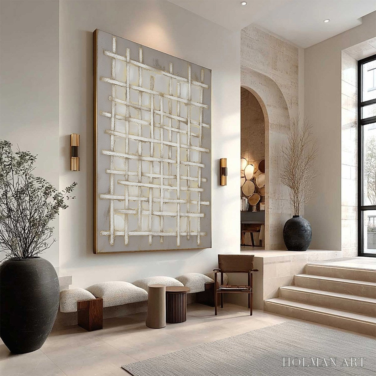 HOLMAN ART Woven Tranquility Minimalist Textured Beige Abstract Oil Painting - image 3