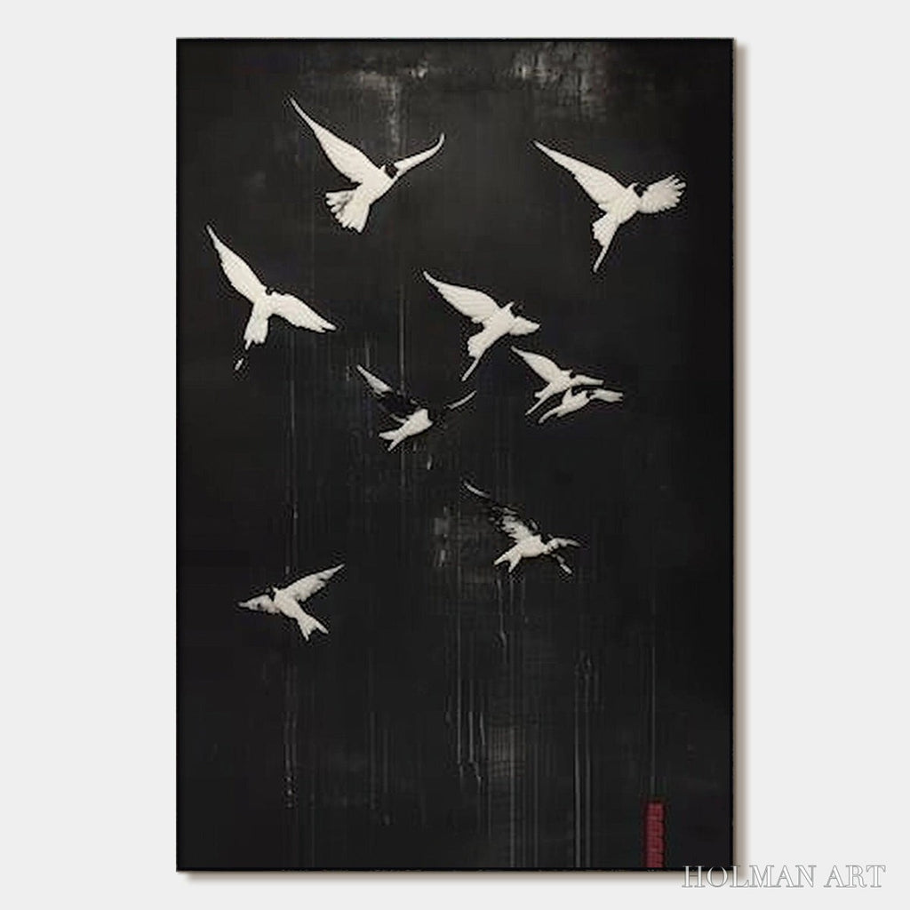 HOLMAN ART Flight of Dreams – Minimalist Birds on Black Oil Painting - image 1