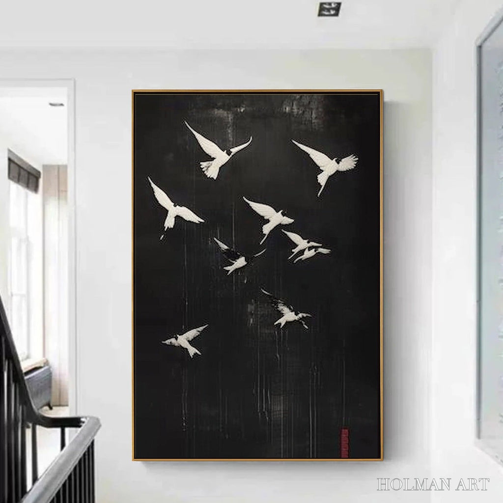 HOLMAN ART Flight of Dreams – Minimalist Birds on Black Oil Painting - image 2