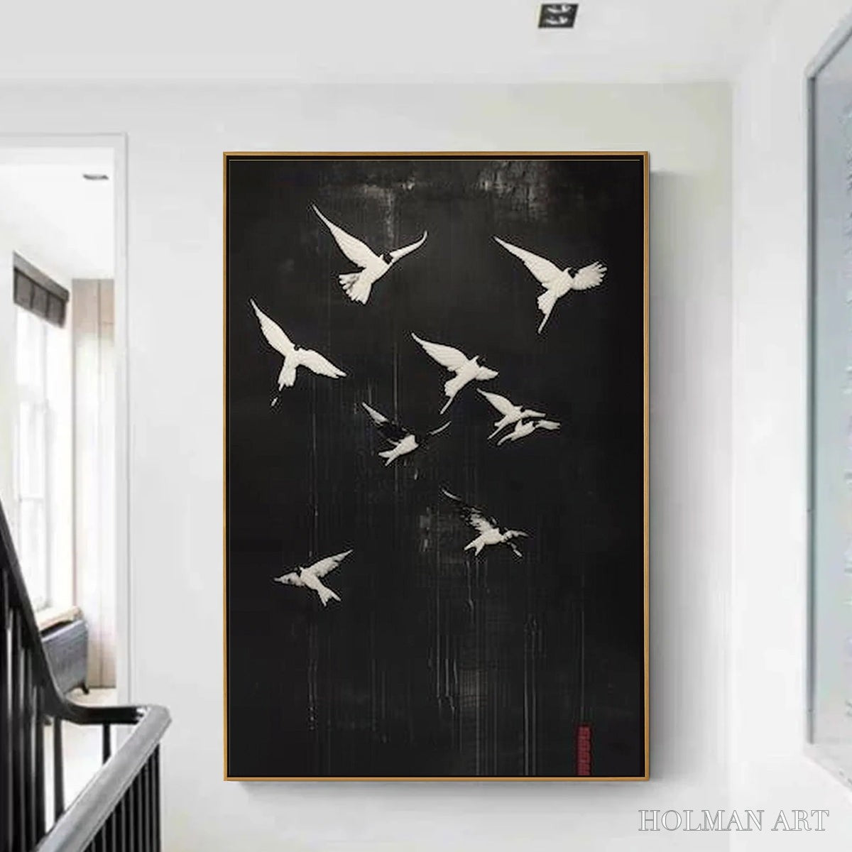 HOLMAN ART Flight of Dreams – Minimalist Birds on Black Oil Painting - image 2