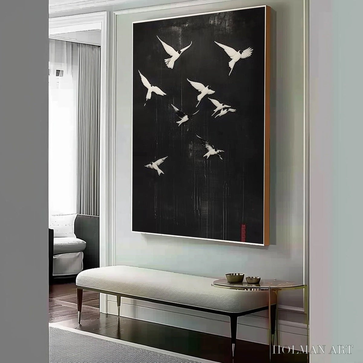 HOLMAN ART Flight of Dreams – Minimalist Birds on Black Oil Painting - image 6