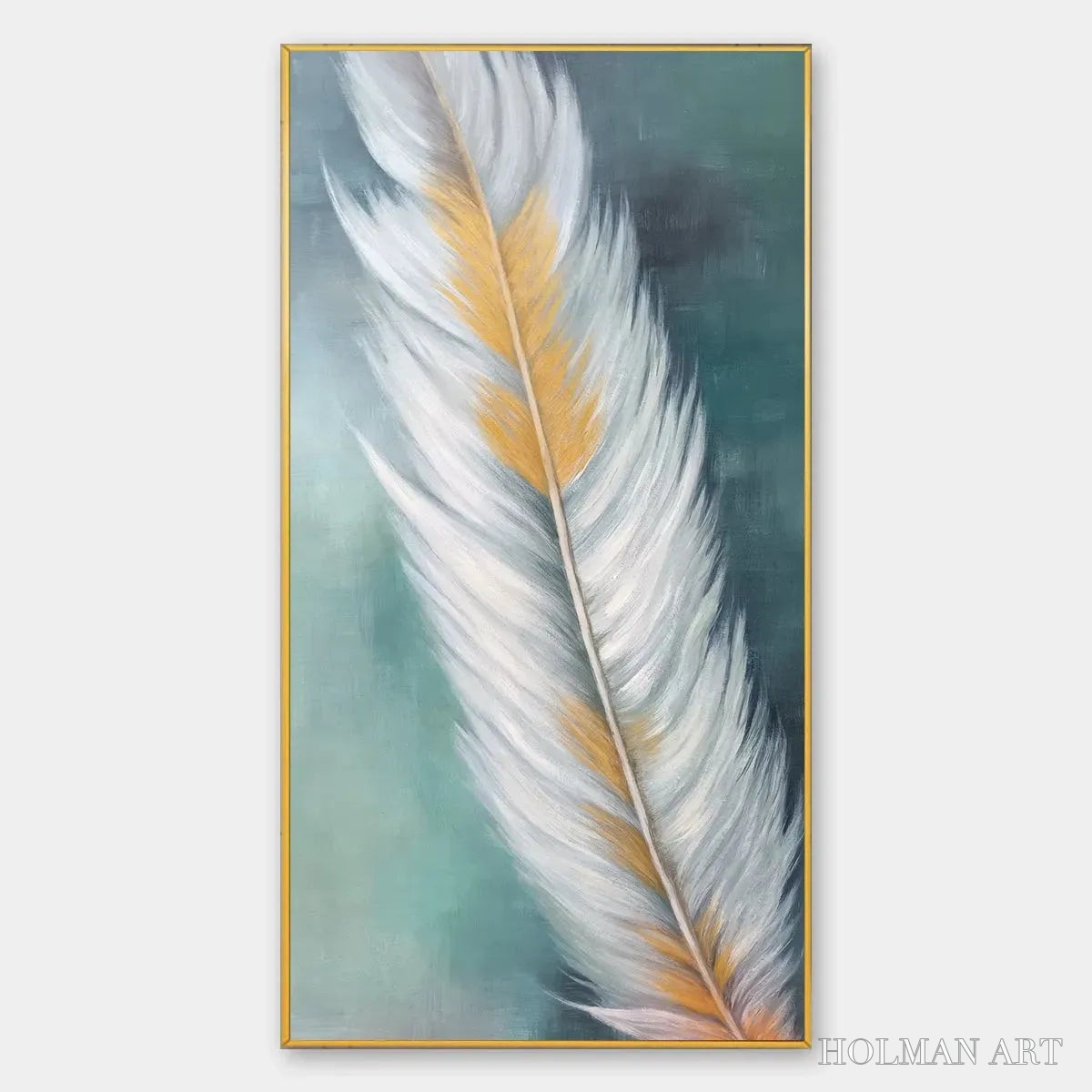 HOLMAN ART Golden Quill – White and Gold Feather Painting, Green Background , Vertical Canvas, Minimalist Decor - image 1